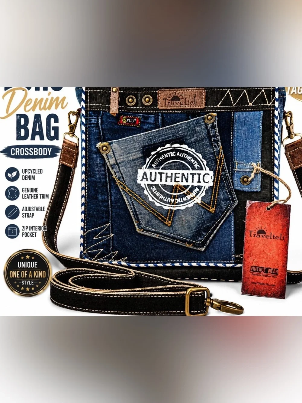TravelTeli Denim Crossbody Messenger Bag in Blue with Leather Trim
